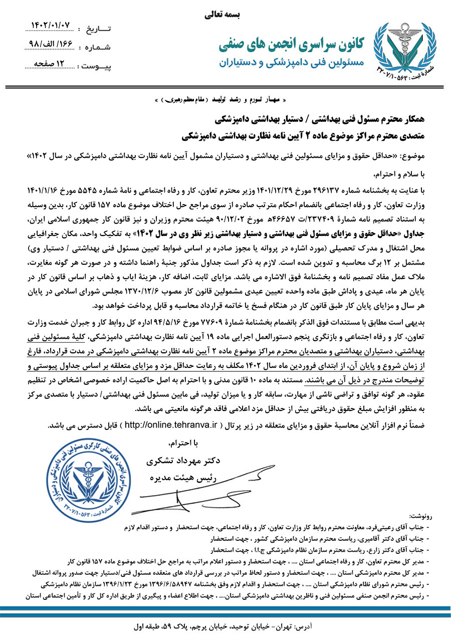 انجمن دامپزشکی تهران - جداول حداقل حقوق و مزایا مسئولین فنی بهداشتی و دستیاران موضوع آیین نامه اجرایی نظارت بهداشتی دامپزشکی