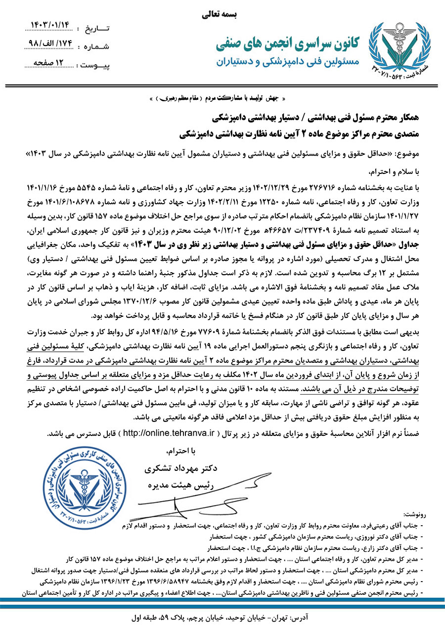 انجمن دامپزشکی تهران - جداول حداقل حقوق و مزایا مسئولین فنی بهداشتی و دستیاران موضوع آیین نامه اجرایی نظارت بهداشتی دامپزشکی